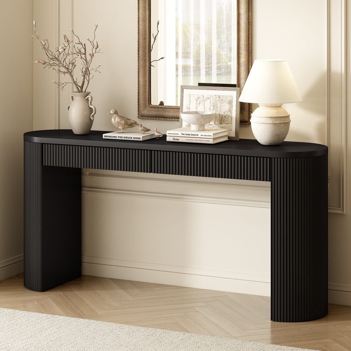 Roomfitters Rustic Farmhouse Black Pine Veneer Console Table Dual Drawer Entryway Furniture Arched Legs Roomfitters