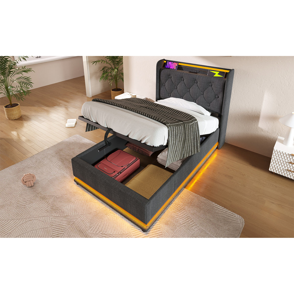 variant-group:rf-n736p188805g|Roomfitters Twin Size Upholstered Storage Bed with USB Type-C Charging and Remote Control, Linen Gray