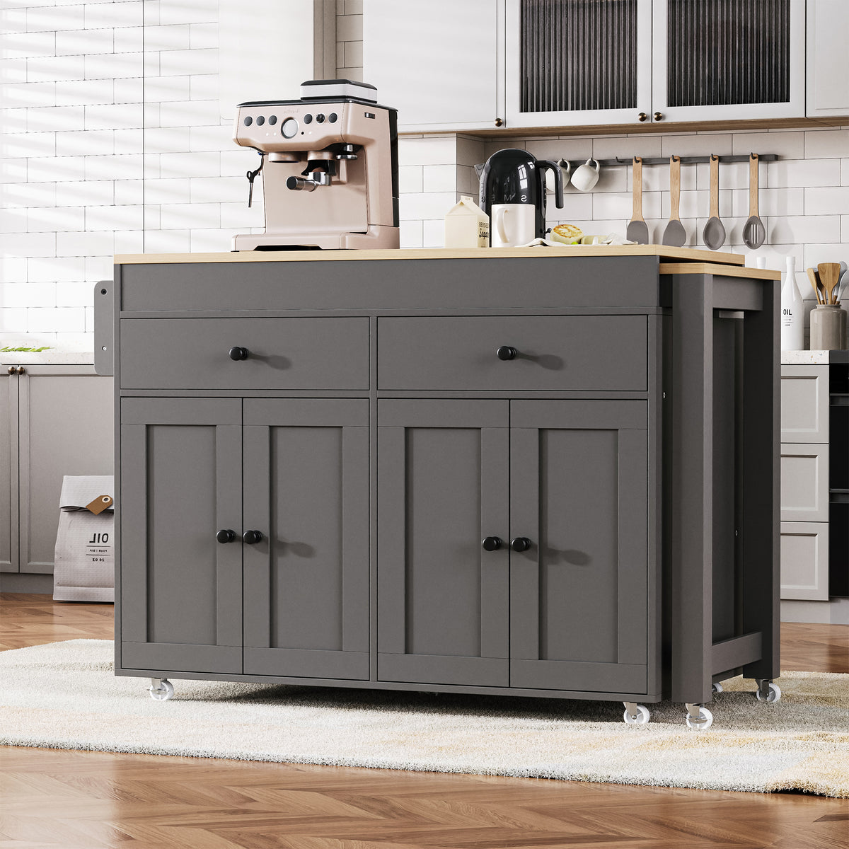variant-group:rf-n707s000009g|Roomfitters 74.5" Kitchen Island with Extendable Table, Rolling Cart with Spice Rack, Storage Cabinet, Grey