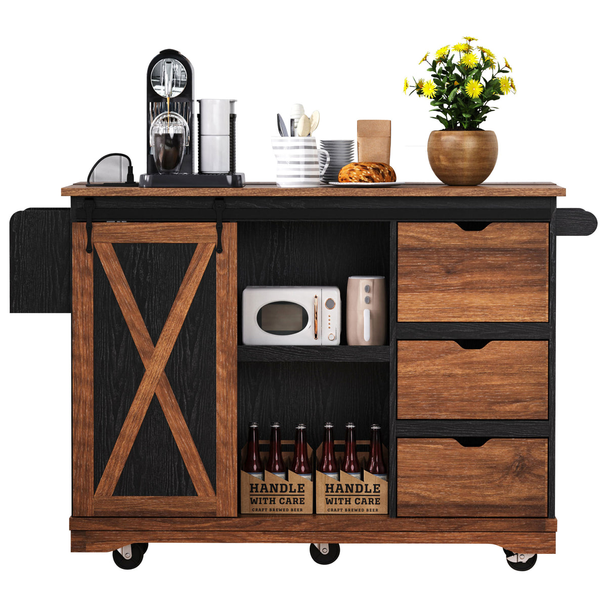 variant-group:rf-n707p288229b|Roomfitters 55.5" Rolling Kitchen Island with Drop Leaf, Mobile Kitchen Storage Cart with Sliding Barn Door, Power Outlets, Black