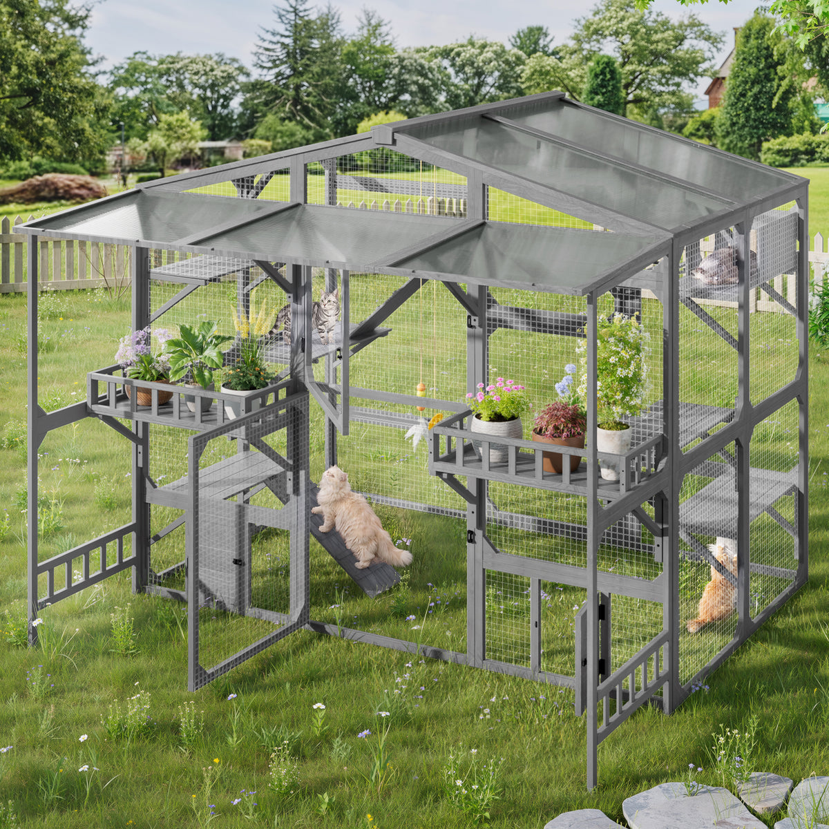 variant-group:rf-n704g201620e|Roomfitters Extra Large Wood Catio Cat Cage Outdoor Kennel with Transparent Sunroof and Dual Storage Shelves Gray