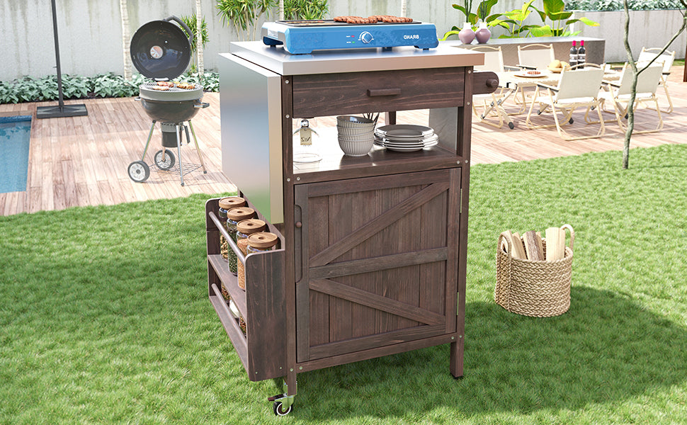 variant-group:rf-n707p228272z|Roomfitters 40.5" Outdoor Grill Cart with Stainless Steel Top, Wood Storage Cabinet, Drop Leaf, Rolling Cart, Brown