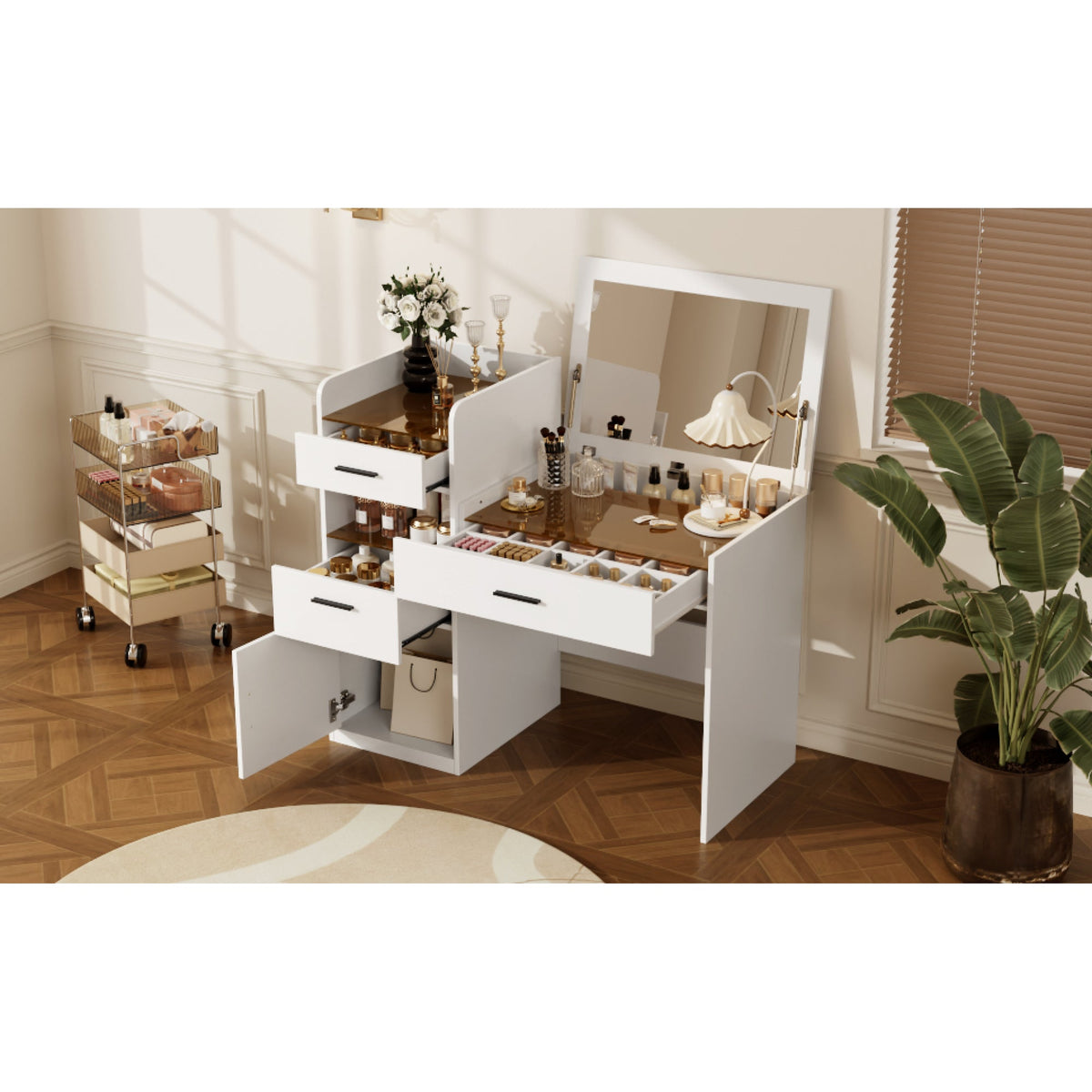 Roomfitters 3-in-1 Compact Space-Saving Vanity Desk with Flip Top Mirror and Amber Tempered Glass Top White Roomfitters
