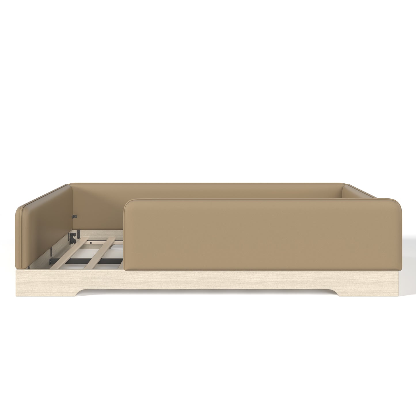 variant-group:rf-w1580s00672|Roomfitters Queen Size Upholstered Floor Bed Frame with Removable Guardrails, Faux Leather Low Profile Platform, Brown