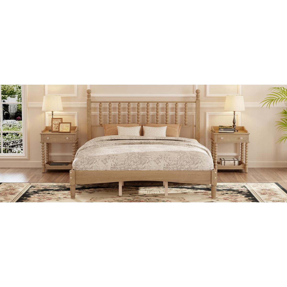 variant-group:rf-n733p206242m|Roomfitters Queen Size Wood Platform Bed with Gourd Shaped Headboard, Retro Style Platform Bed with Wooden Slat Support, Natural