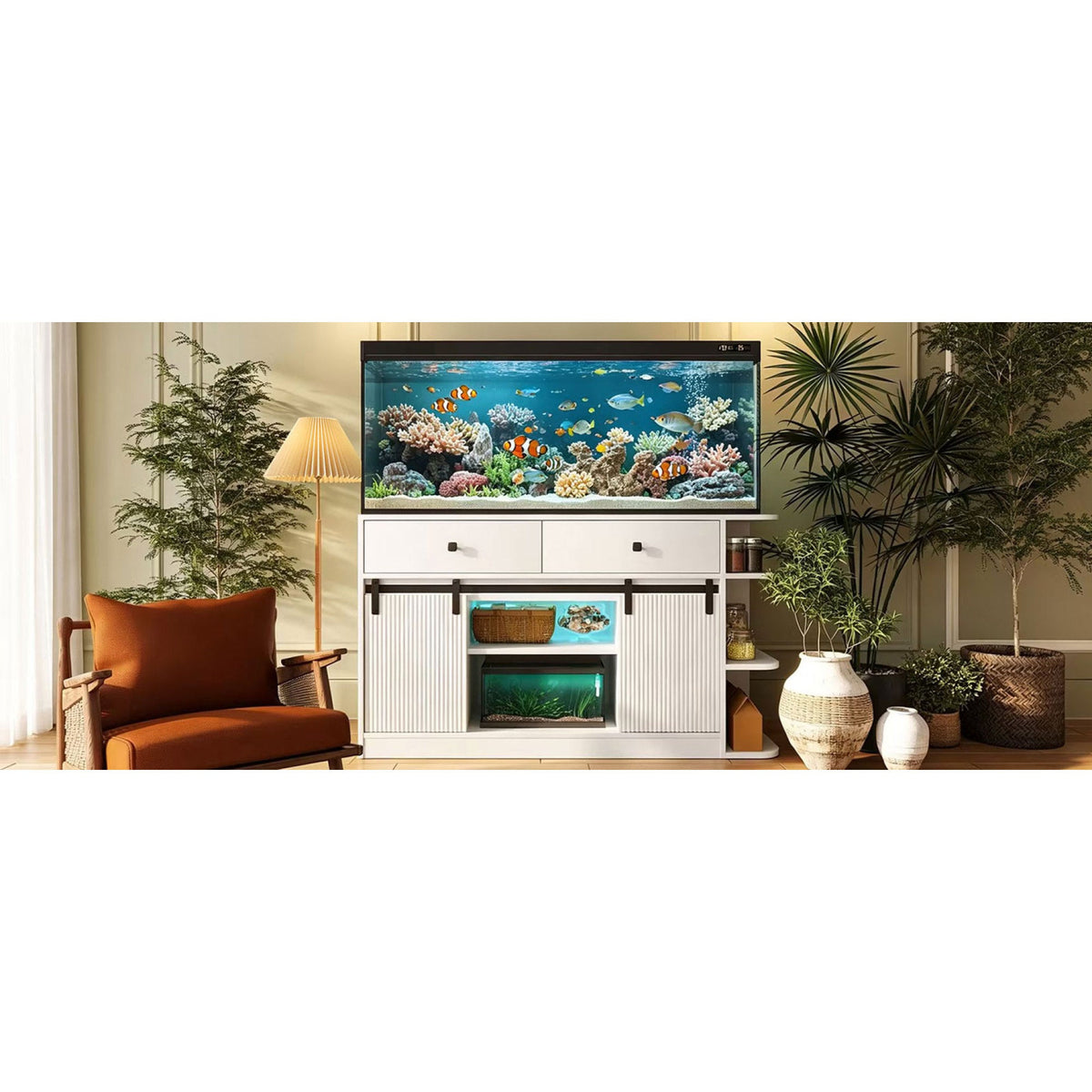 Roomfitters 75 Gallon Fish Tank Stand with Smart App RGB LED Lights Sliding Fluted Doors and Power Outlets White Roomfitters