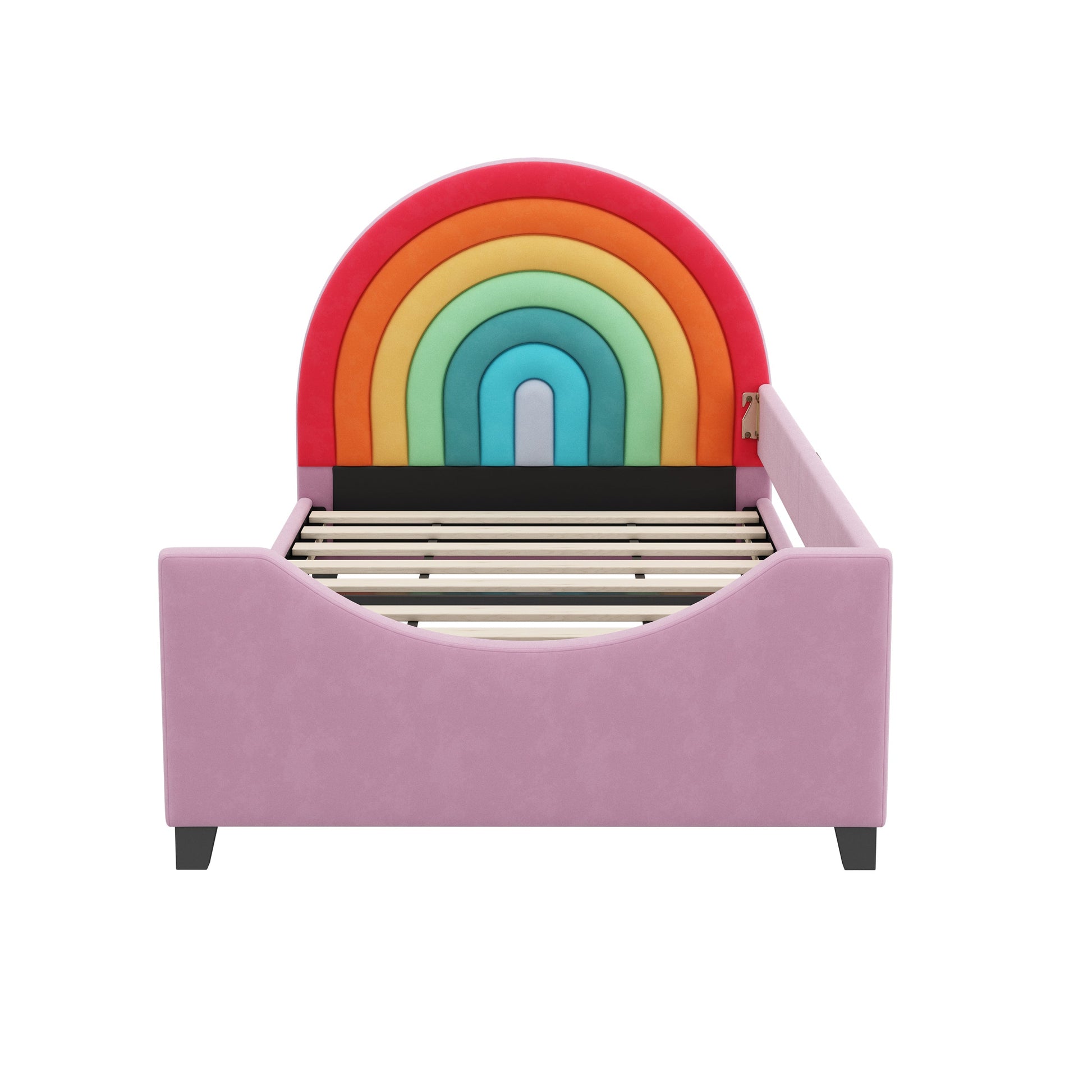 Roomfitters Twin Size Rainbow Upholstered Daybed Frame, Low to Ground Cute Princess Bed, Enclosed Fence, Colorful & Pink Roomfitters