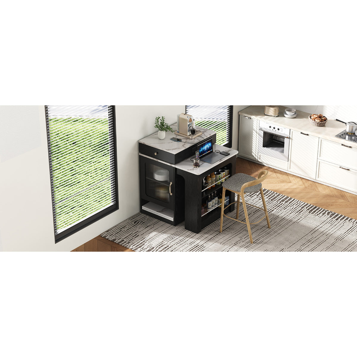 variant-group:rf-n707s000017b|Roomfitters 59.5" Kitchen Island with 41.8" Extendable Dining Table, Double-Sided Storage, Power Outlet, 2 Drawers, Black