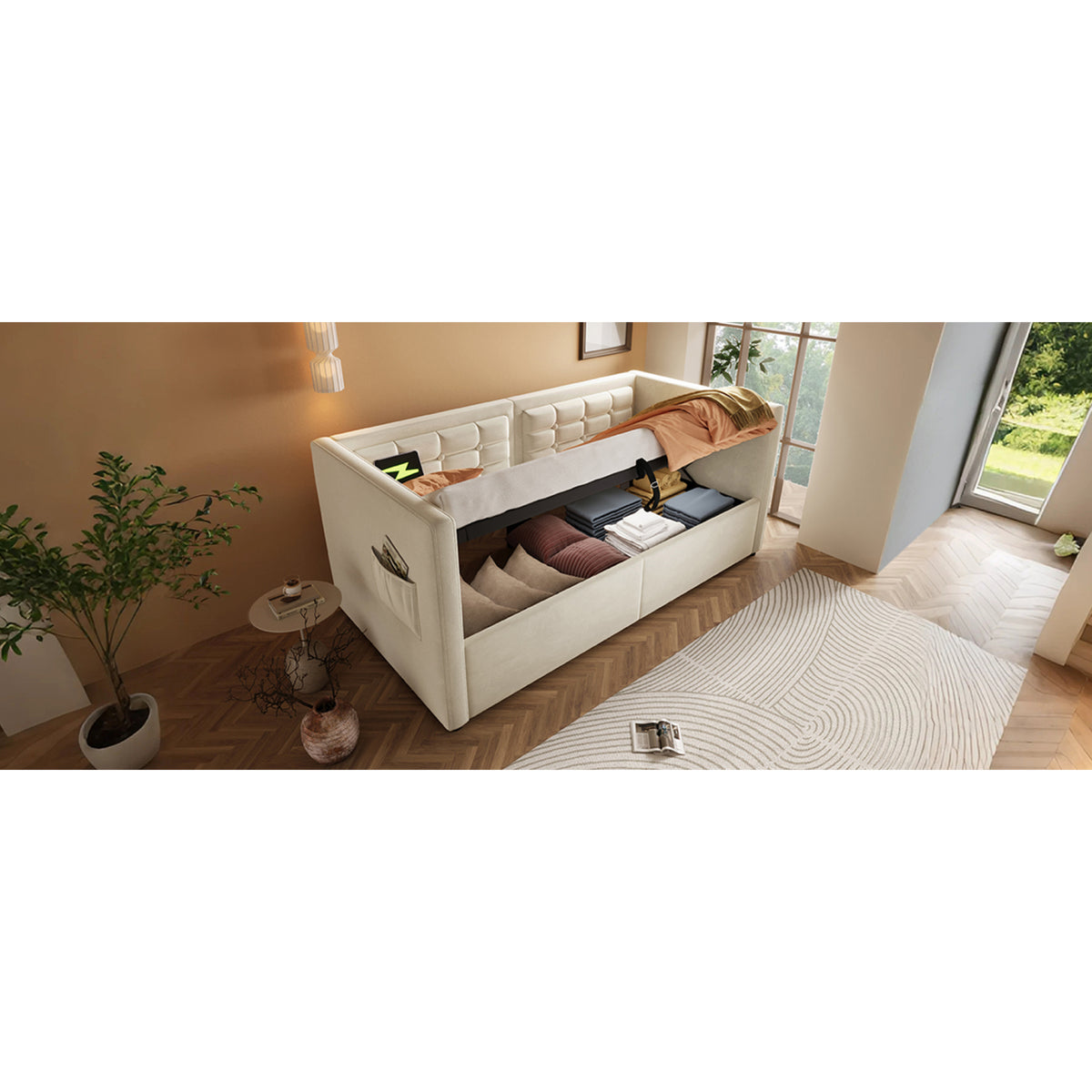variant-group:rf-n736p303402b|Roomfitters Upholstered Twin Size Daybed with Storage, USB & Type-C Charging, Tufted Sofa Back, Velvet Beige