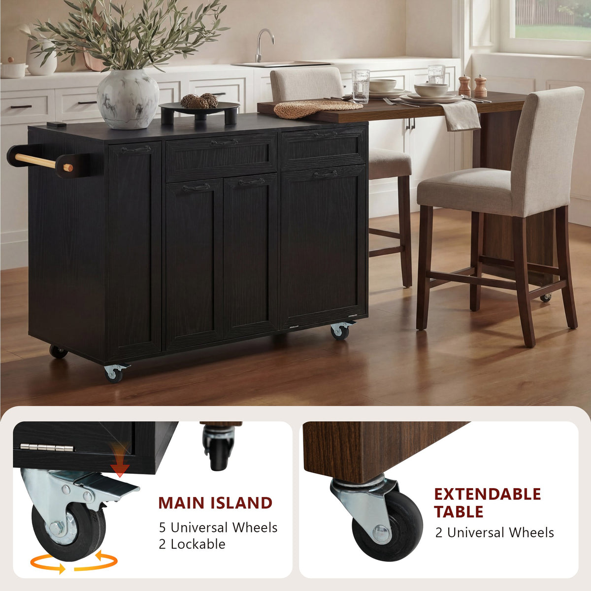 variant-group:rf-n707s000026b|Roomfitters 102.3" Kitchen Island with Tilt Out Trash Can Cabinet, Rolling Storage Cart, Slide-out Spice Rack, Black
