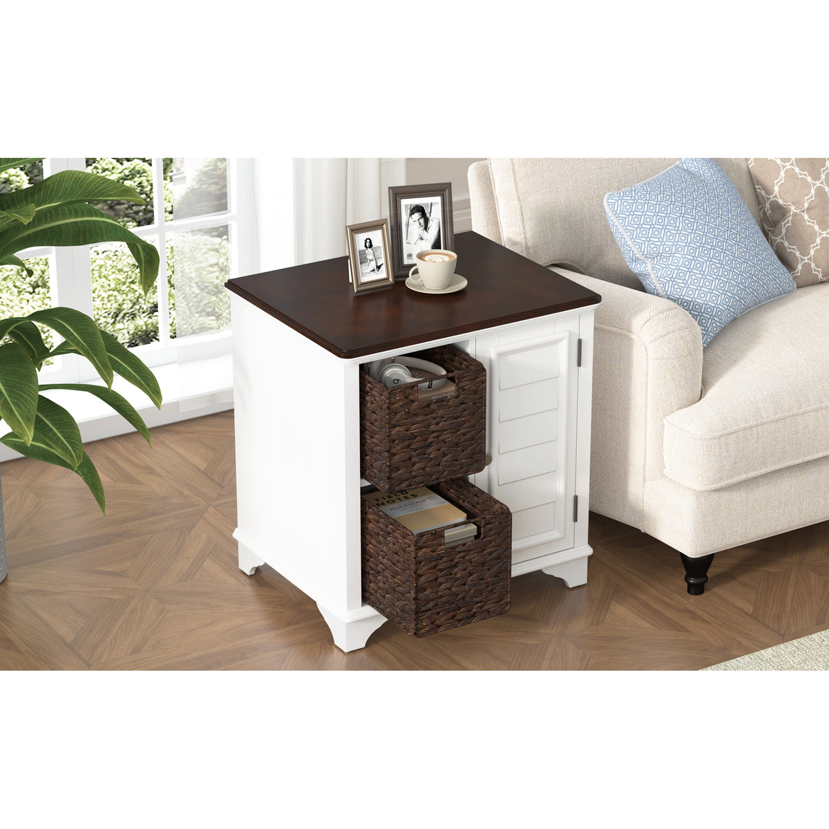 variant-group:rf-n724p401353k|Roomfitters American Style Louvered Side End Table with 2 Grass Storage Baskets, White