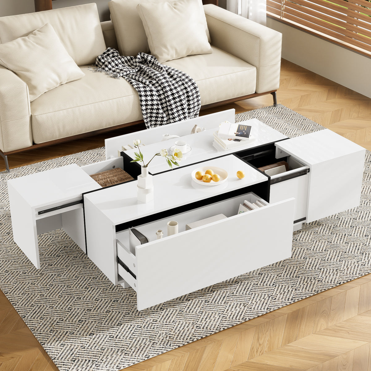 variant-group:rf-n724p292070k|Roomfitters Glossy Extendable Coffee Table with 2 Drawers and Hidden Storage Compartments, Multi-Functional Design, White