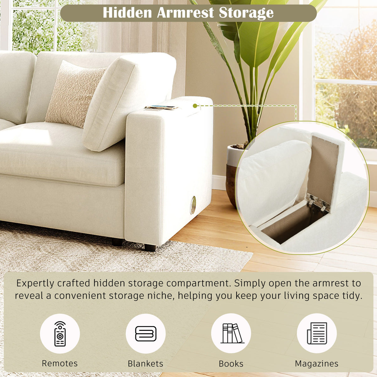 Roomfitters Upholstered Modular Sofa with Storage, 4-Seater Chenille Sectional, Smart Charging Hub, Bluetooth Speaker Roomfitters