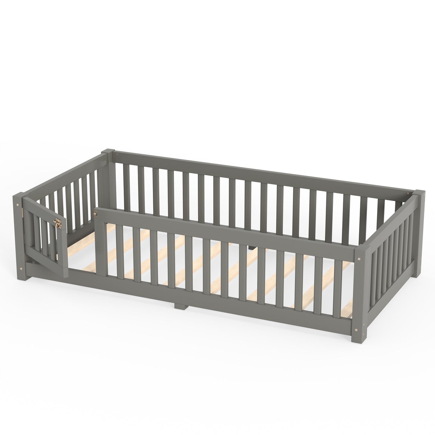 variant-group:rf-w1580p462312|Roomfitters Twin Size Wooden Floor Bed Frame with Safety Guardrails Door, Solid Wood Low Profile Toddler Play Bed, Gray