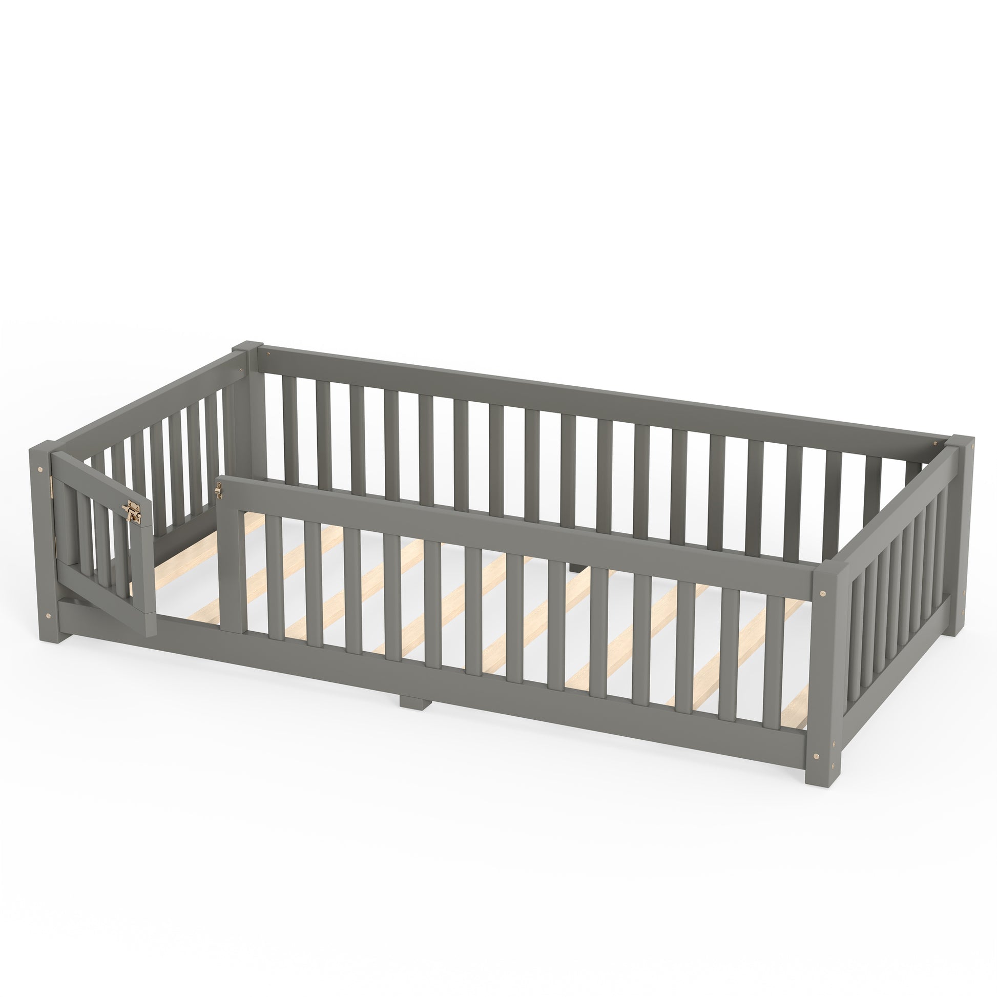 variant-group:rf-w1580p462312|Roomfitters Twin Size Wooden Floor Bed Frame with Safety Guardrails Door, Solid Wood Low Profile Toddler Play Bed, Gray