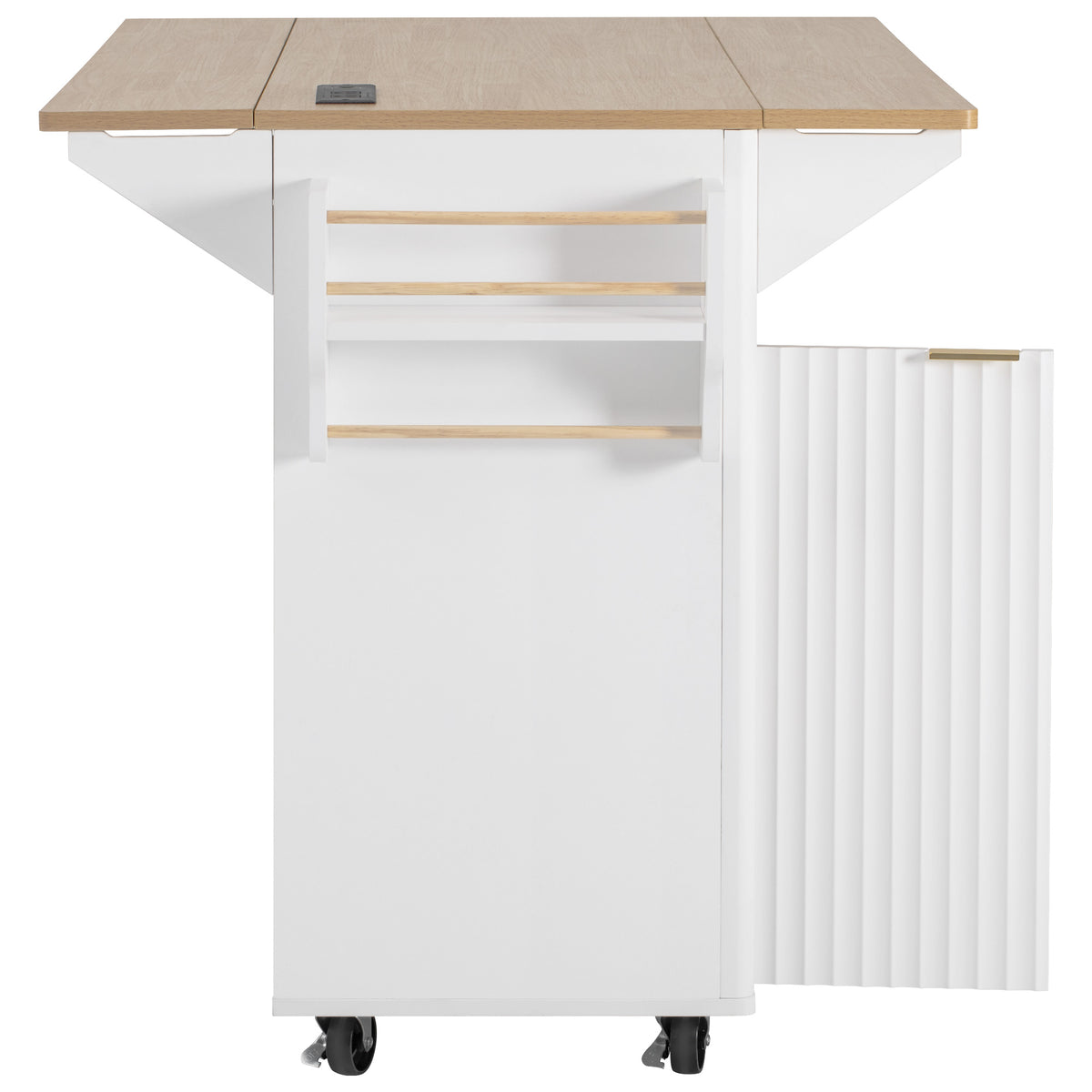 variant-group:rf-n707p353934w|Roomfitters 55.5" Fluted Kitchen Island with Double Drop Leaf, White Storage Cart with Power Outlet & Wood-grain Top
