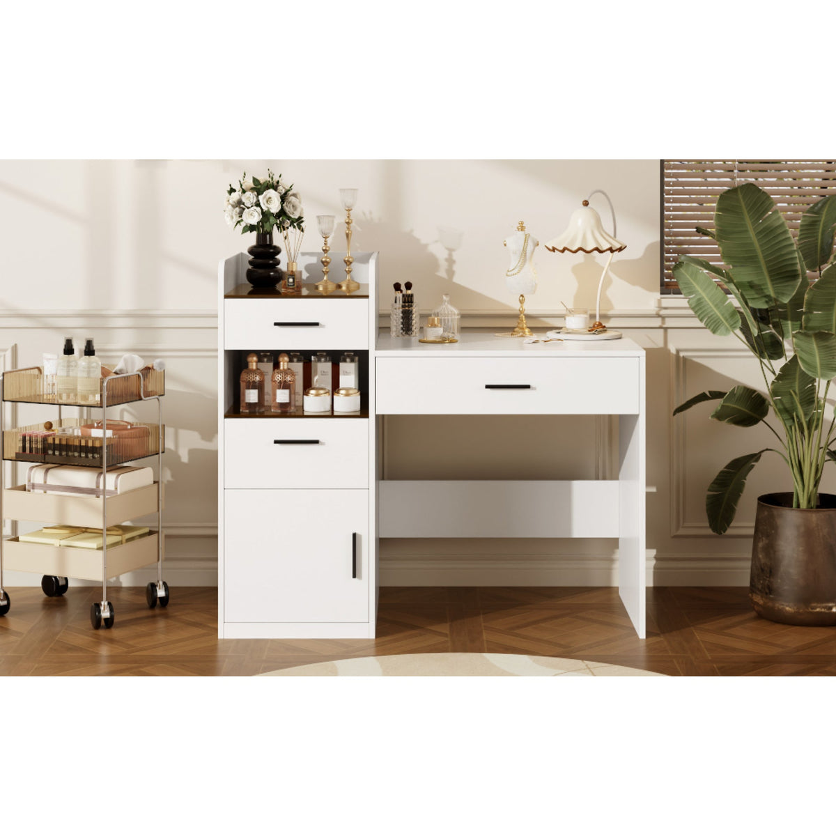 Roomfitters 3-in-1 Compact Space-Saving Vanity Desk with Flip Top Mirror and Amber Tempered Glass Top White Roomfitters