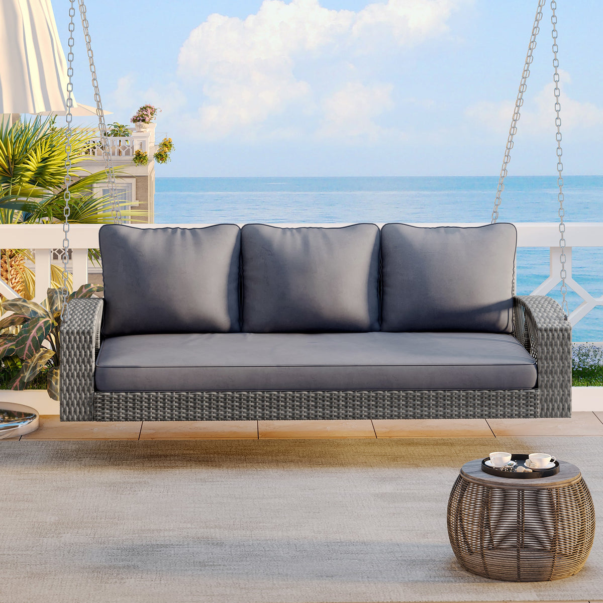 Roomfitters 69" PE Wicker 3-Person Porch Swing, Large Patio Swing Bench with Chains & Cushions, Backyard & Garden, Gray Roomfitters