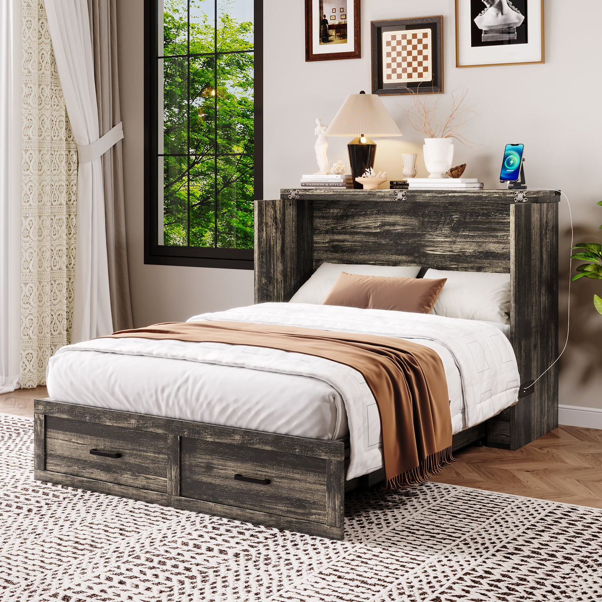 variant-group:rf-n733s293995g|Roomfitters Full Size Murphy Bed Cabinet with Charging Station, Foldable Platform Bed with Storage Drawer, Rustic Gray