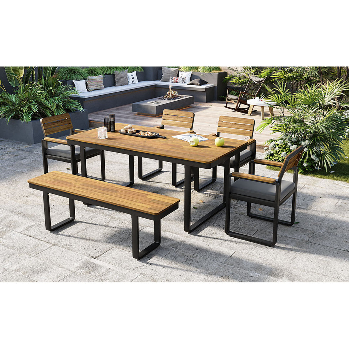 variant-group:rf-n704g201255e|Roomfitters 6-Piece Solid Acacia Wood Patio Dining Set with Steel Frames and Cushion Chairs Gray