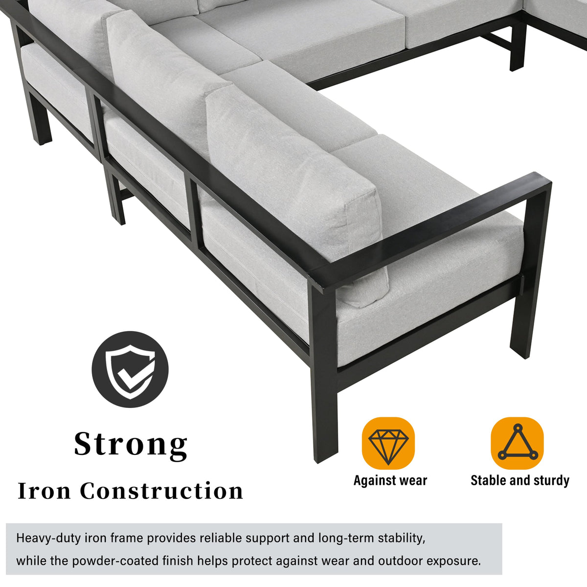 Roomfitters Modern U-Shaped Outdoor Sectional Sofa Set, 5-6 Seat Patio Conversation, Grey Cushions, Iron Frame Pit Roomfitters