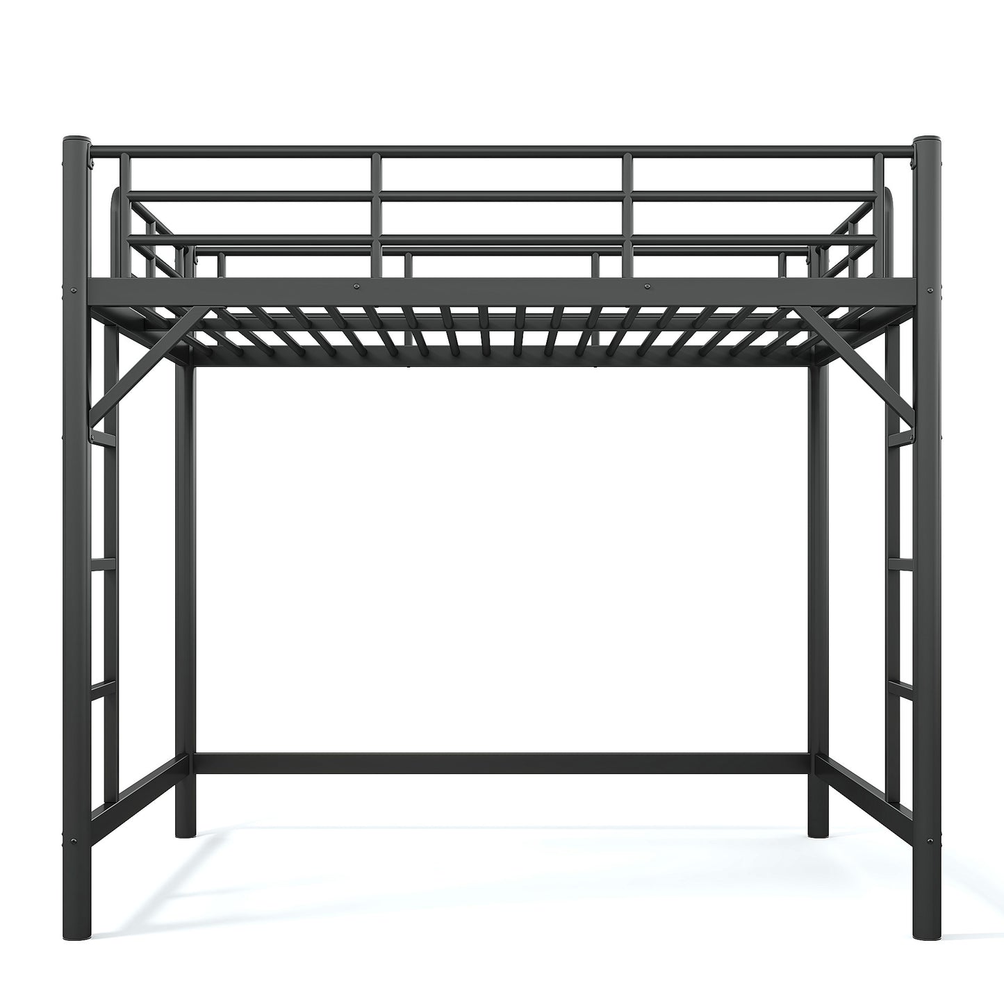 variant-group:rf-w1580p455015|Roomfitters Full Size Metal Loft Bed Frame with Guardrails, Heavy Duty Space Saving High Loft Bed Dual Ladders, Black