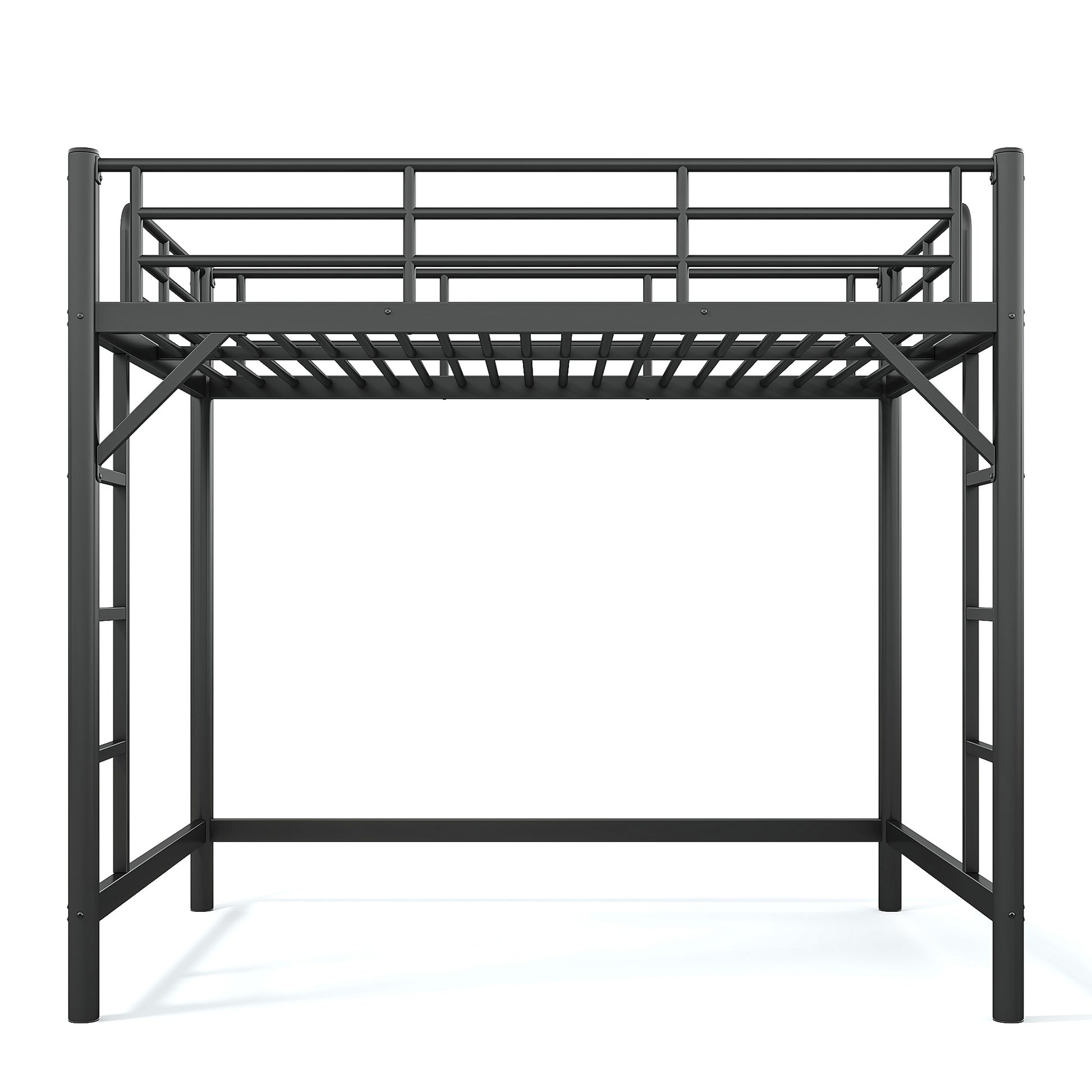 variant-group:rf-w1580p455015|Roomfitters Full Size Metal Loft Bed Frame with Guardrails, Heavy Duty Space Saving High Loft Bed Dual Ladders, Black