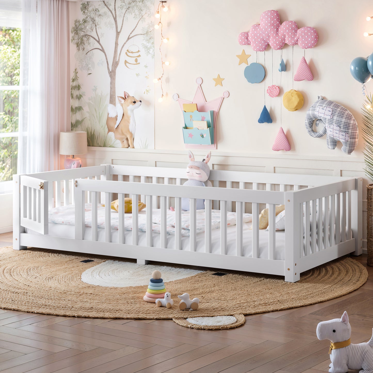 variant-group:rf-w1580p462311|Roomfitters Twin Size Wooden Floor Bed Frame with Safety Guardrails Door, Solid Wood Low Profile Toddler Play Bed, White