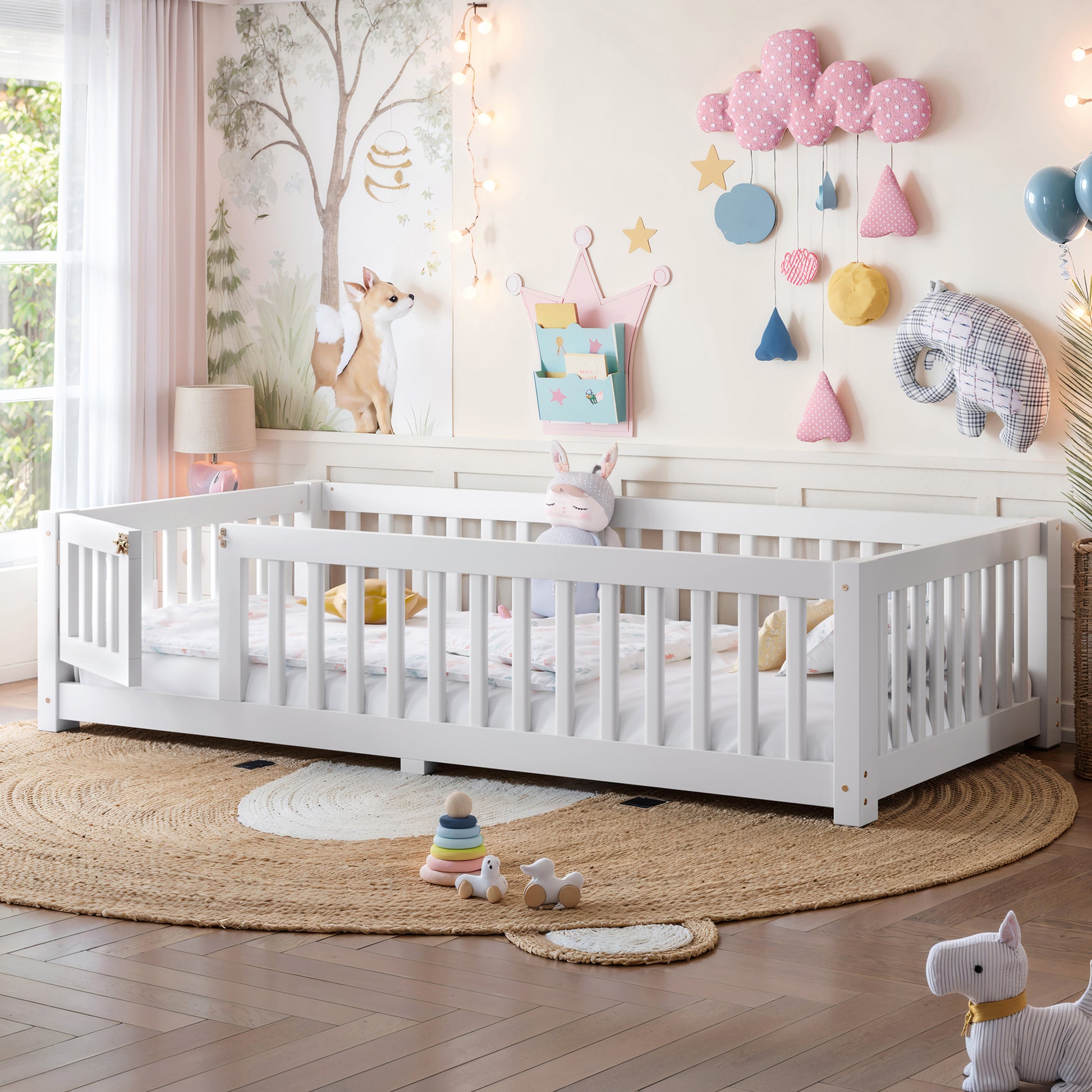 variant-group:rf-w1580p462311|Roomfitters Twin Size Wooden Floor Bed Frame with Safety Guardrails Door, Solid Wood Low Profile Toddler Play Bed, White