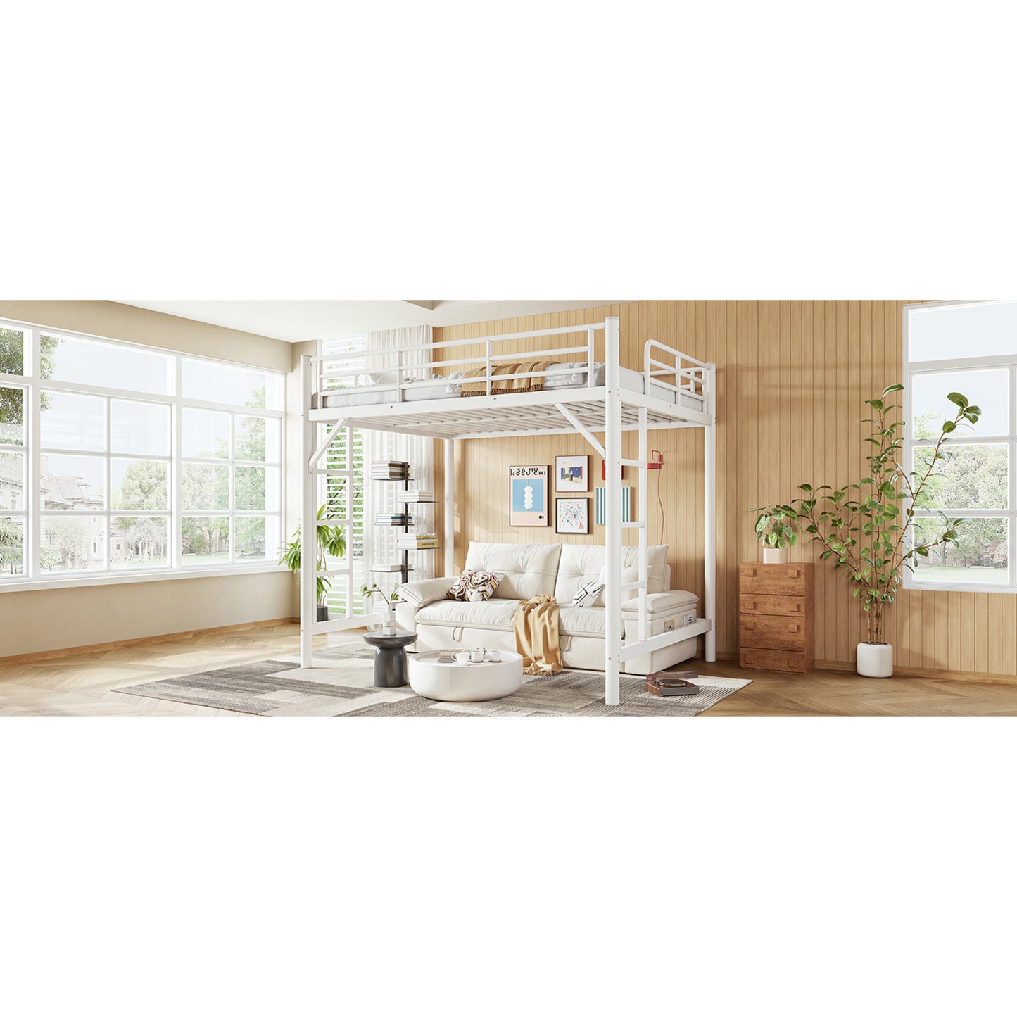 variant-group:rf-w1580p455016|Roomfitters Full Size Metal Loft Bed Frame with Guardrails, Heavy Duty Space Saving High Loft Bed Dual Ladders, White