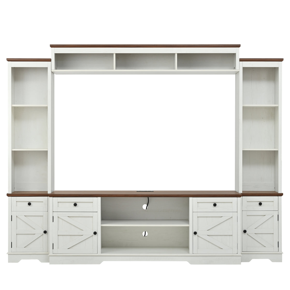 variant-group:rf-n724sj000154aak|Roomfitters 98.8"W Farmhouse Wall Unit Entertainment Center, 4 Barn Doors, White & Walnut