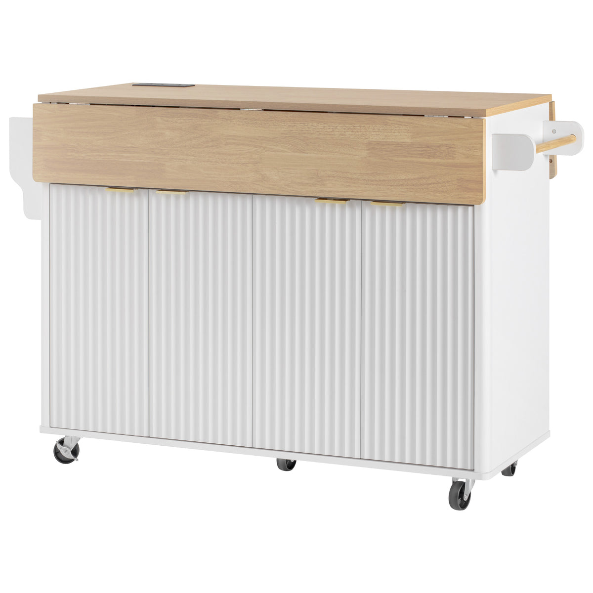 variant-group:rf-n707p353934w|Roomfitters 55.5" Fluted Kitchen Island with Double Drop Leaf, White Storage Cart with Power Outlet & Wood-grain Top