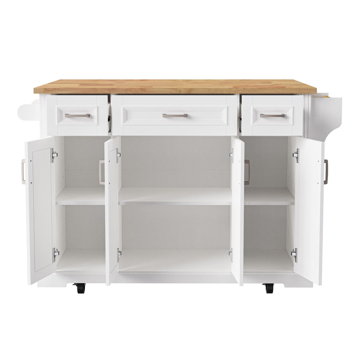 variant-group:rf-n707s195395w|Roomfitters 54" Kitchen Island with Wood Top, Rolling Storage Cabinet with 3 Drawers and 3 Doors, Spice Rack, White