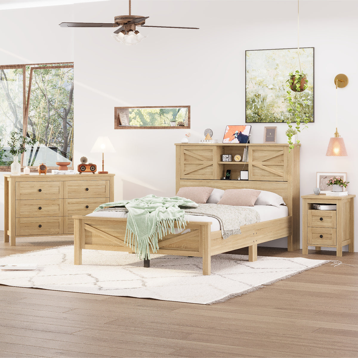 variant-group:rf-n733s369048m|Roomfitters 3 Piece Bedroom Set, Full Farmhouse Platform Bed with Sliding Headboard, Bedside Tables, Natural