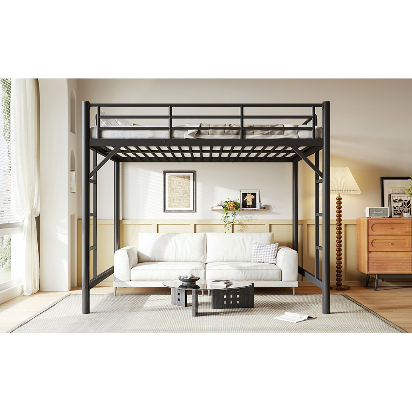 variant-group:rf-w1580p455017|Roomfitters Queen Size Metal Loft Bed Frame with Guardrails, Heavy Duty Space Saving High Loft Bed Dual Ladders, Black