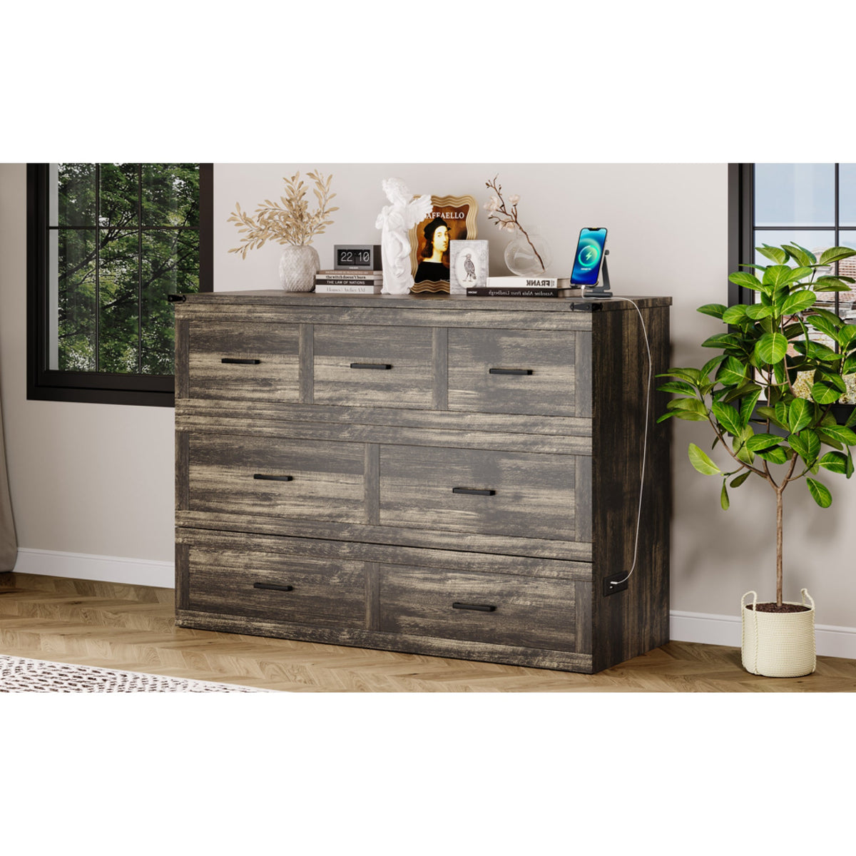 Roomfitters Queen Size Murphy Bed Cabinet with Charging Station, Foldable Platform Bed with Storage Drawer, Rustic Gray