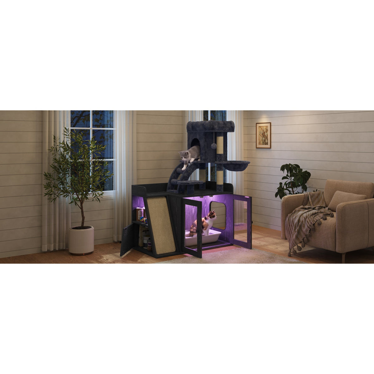 Roomfitters Modular Litter Box Enclosure with Built-In Cat Tree Tower Sisal Scratching Board and LED Light Black Roomfitters