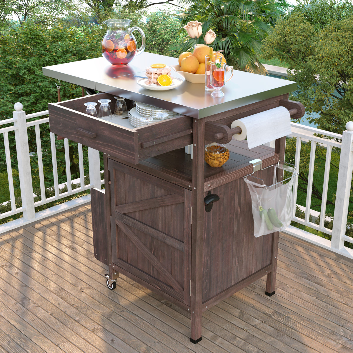 variant-group:rf-n707p228272z|Roomfitters 40.5" Outdoor Grill Cart with Stainless Steel Top, Wood Storage Cabinet, Drop Leaf, Rolling Cart, Brown