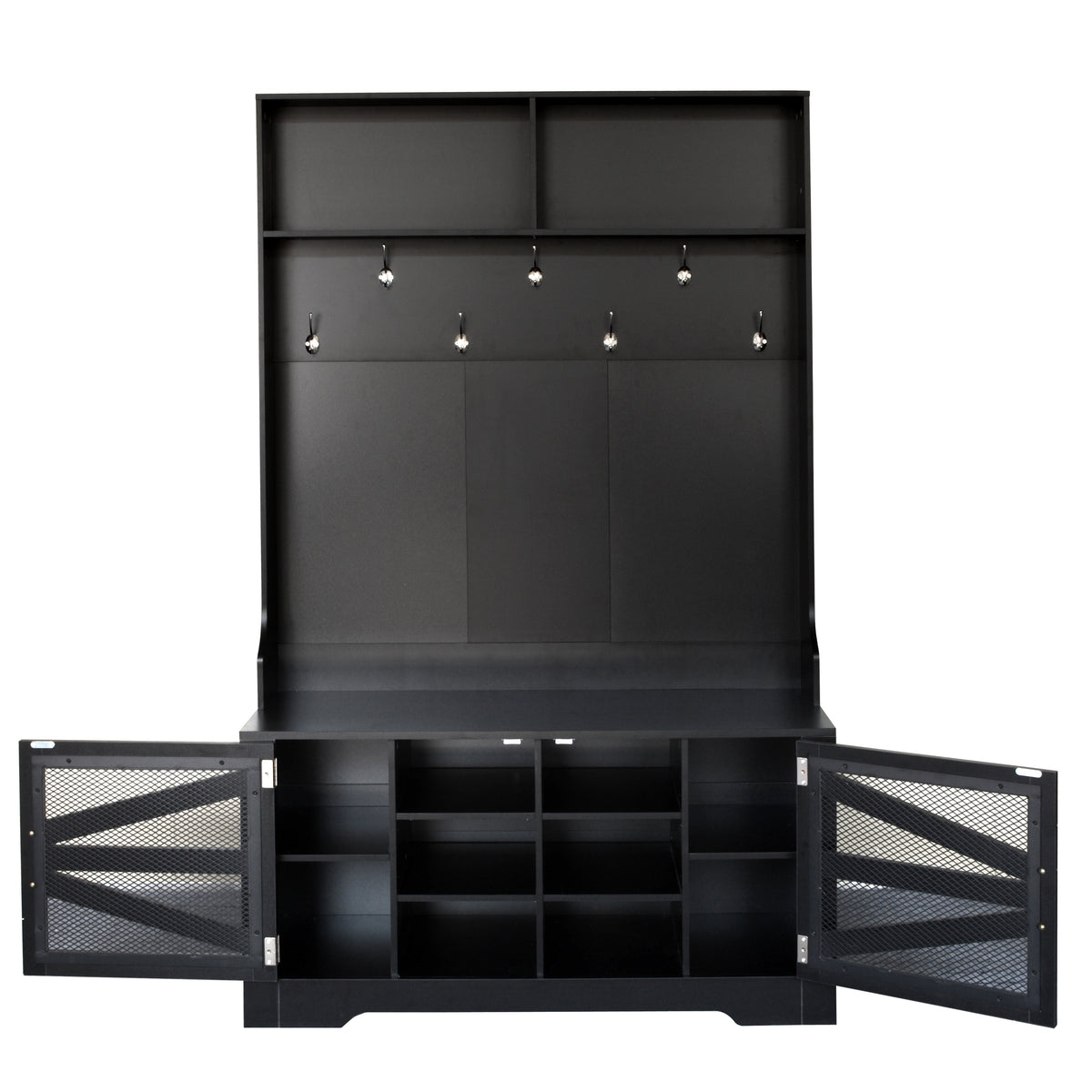 variant-group:rf-n724p264668b|Roomfitters 3-in-1 Entryway Bench with Coat Rack, Adjustable Shelves and 7 Hooks, 43.3" Hall Tree for Entrance or Living Room, Black