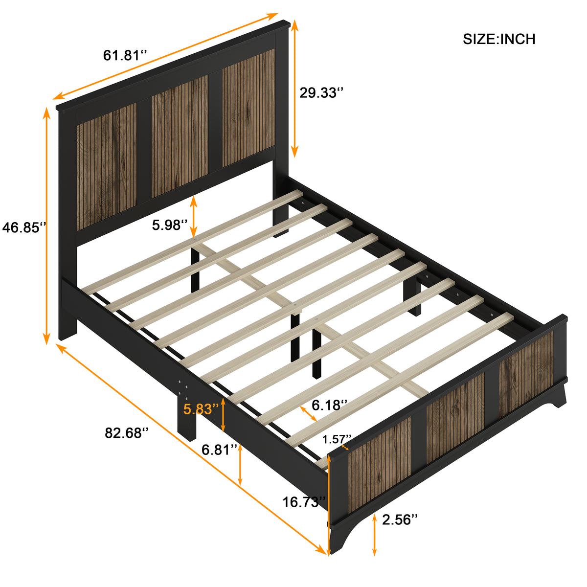 variant-group:rf-n733wf530906aab|Roomfitters Farmhouse Wooden Platform Queen Size Bed, Modern Platform Bed with Wooden Strip Stickers Decoration, Plywood Slats Support, Black