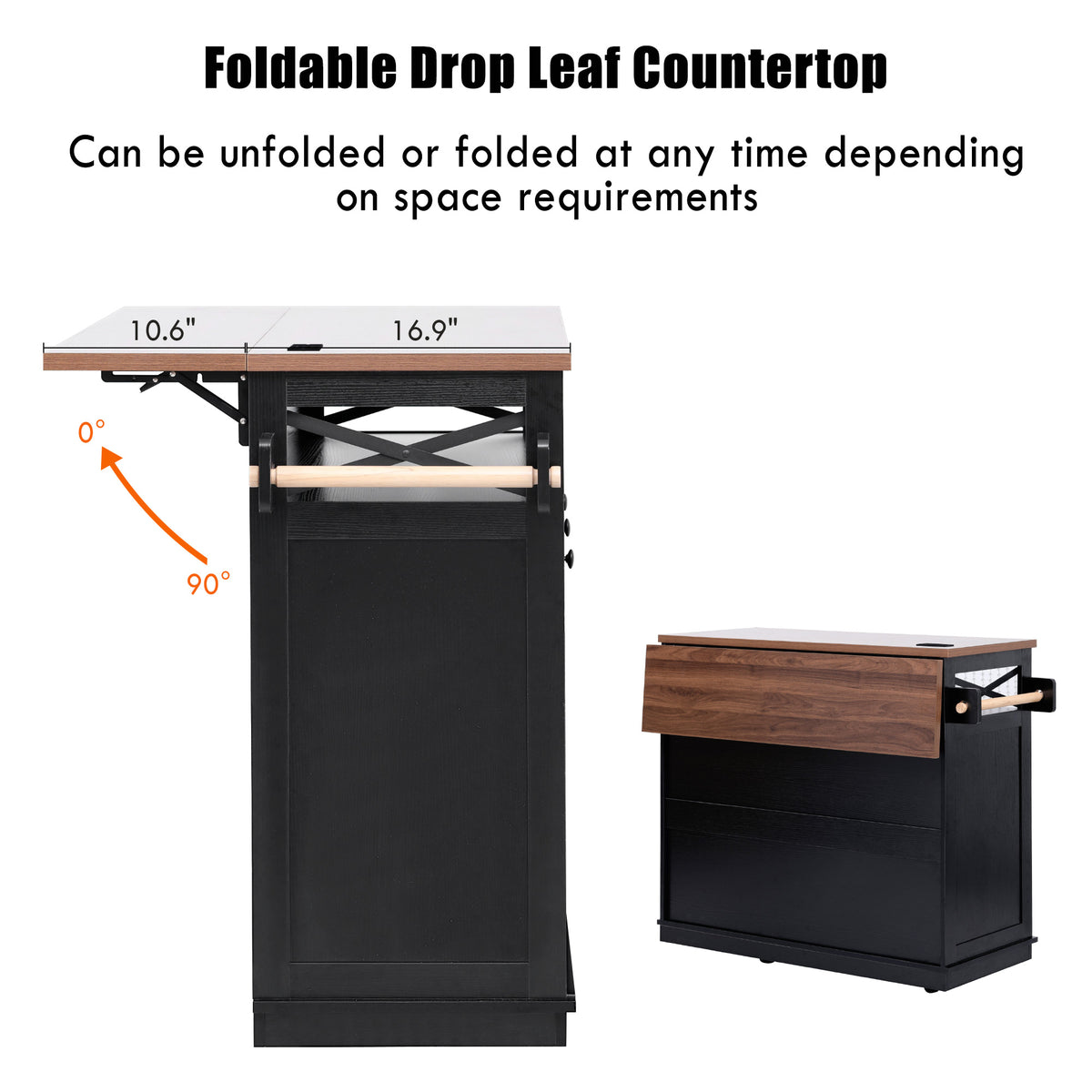 variant-group:rf-n707p254872b|Roomfitters 46.5" Rolling Kitchen Island with Drop Leaf, Mobile Cart with 2 AC Outlets & USB, Beaded Drape & 3 Drawers, Black