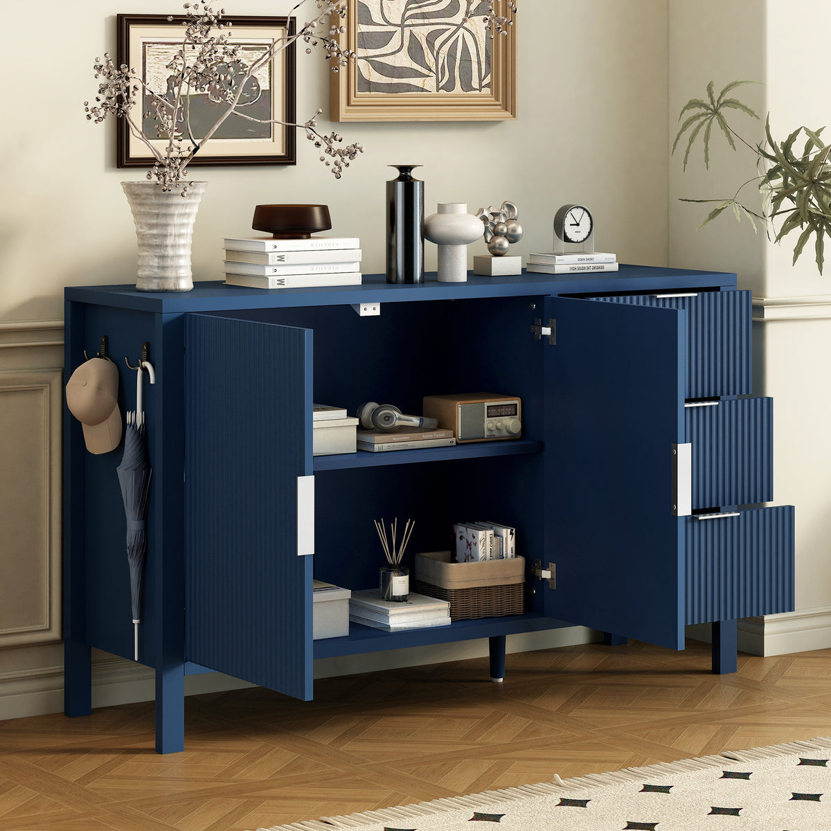 variant-group:rf-n711p345172v|Roomfitters Sideboard Buffet Cabinet with 3 Drawers, 2 Door Mid-century Fluted Accent Storage for Kitchen & Dining, Navy Blue