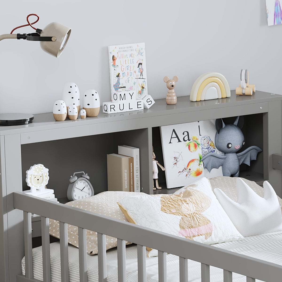variant-group:rf-n733p272374e|Roomfitters Twin Bed with Headboard Storage Rack, Under-Bed Storage and Three-Side Guardrails, Gray