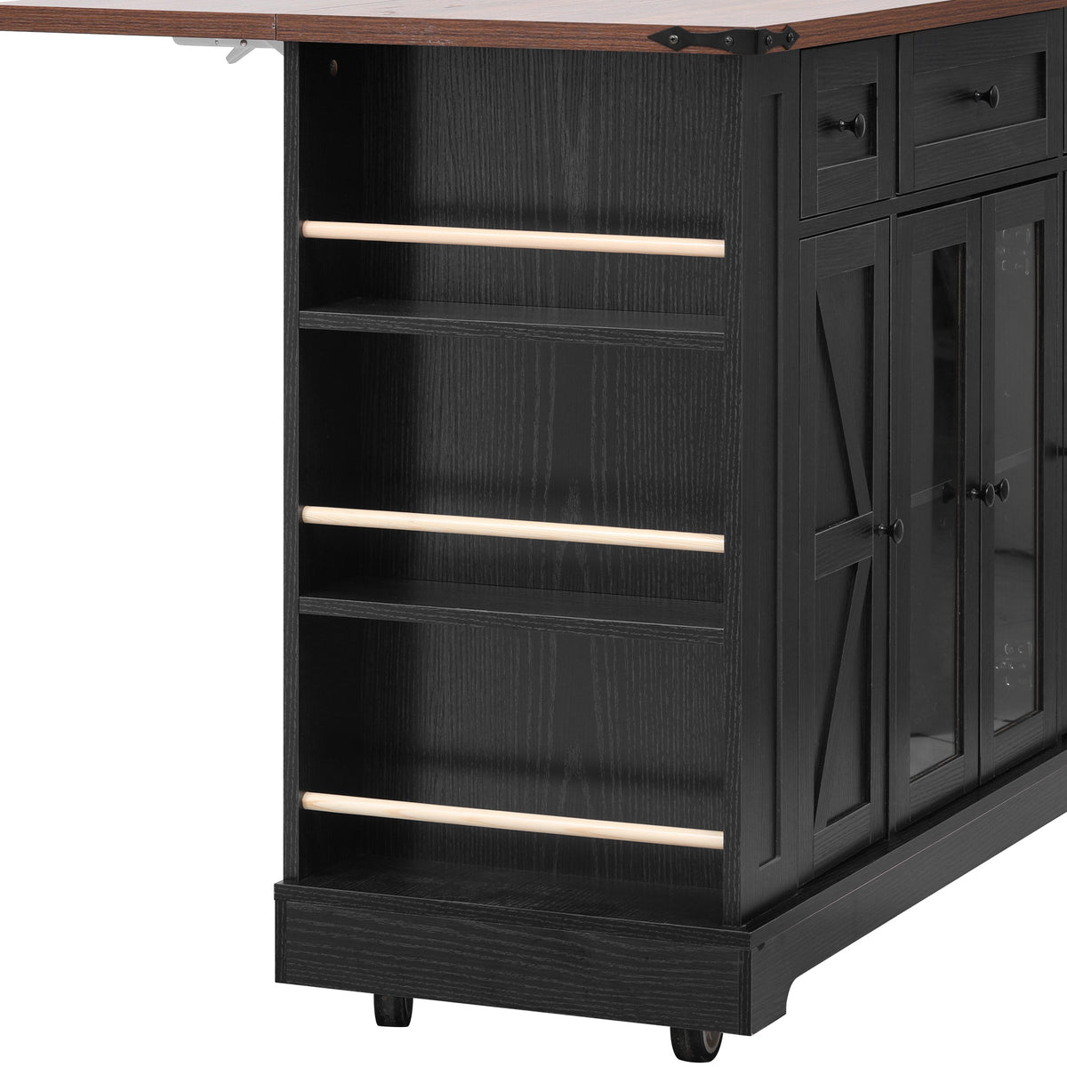 variant-group:rf-n707s263637b|Roomfitters 53" Kitchen Island with Power Outlet, 4 Doors and 3 Drawers, Rolling Storage Cabinet with Glass Doors, Black