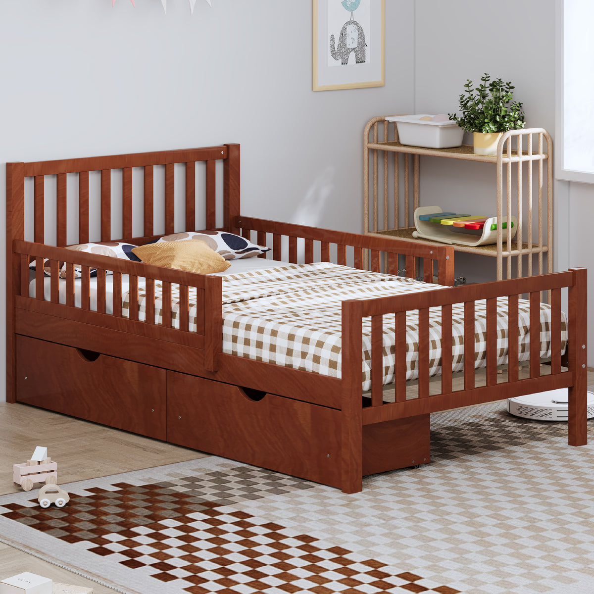 variant-group:rf-n733p172696d|Roomfitters Twin Size Wood Platform Bed with Guardrails and 2 Storage Drawers, Walnut
