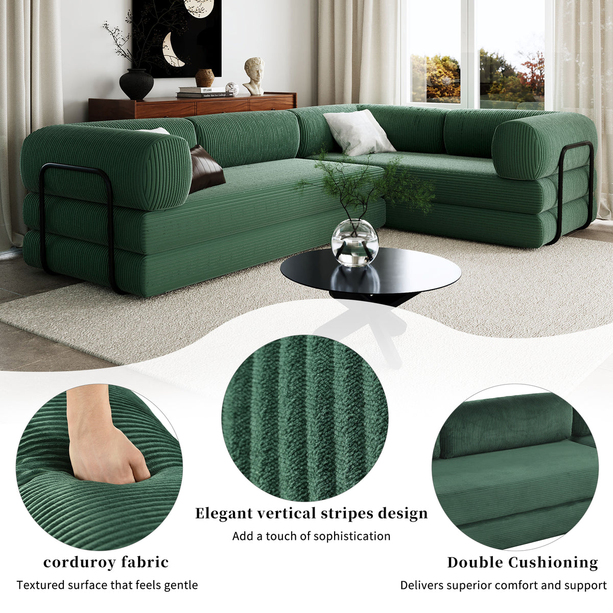 variant-group:rf-n711wy000463aac|Roomfitters Modern L-Shaped Modular Sofa Bed, Corduroy Convertible Sleeper Sectional Couch with Industrial Metal Frame, Green