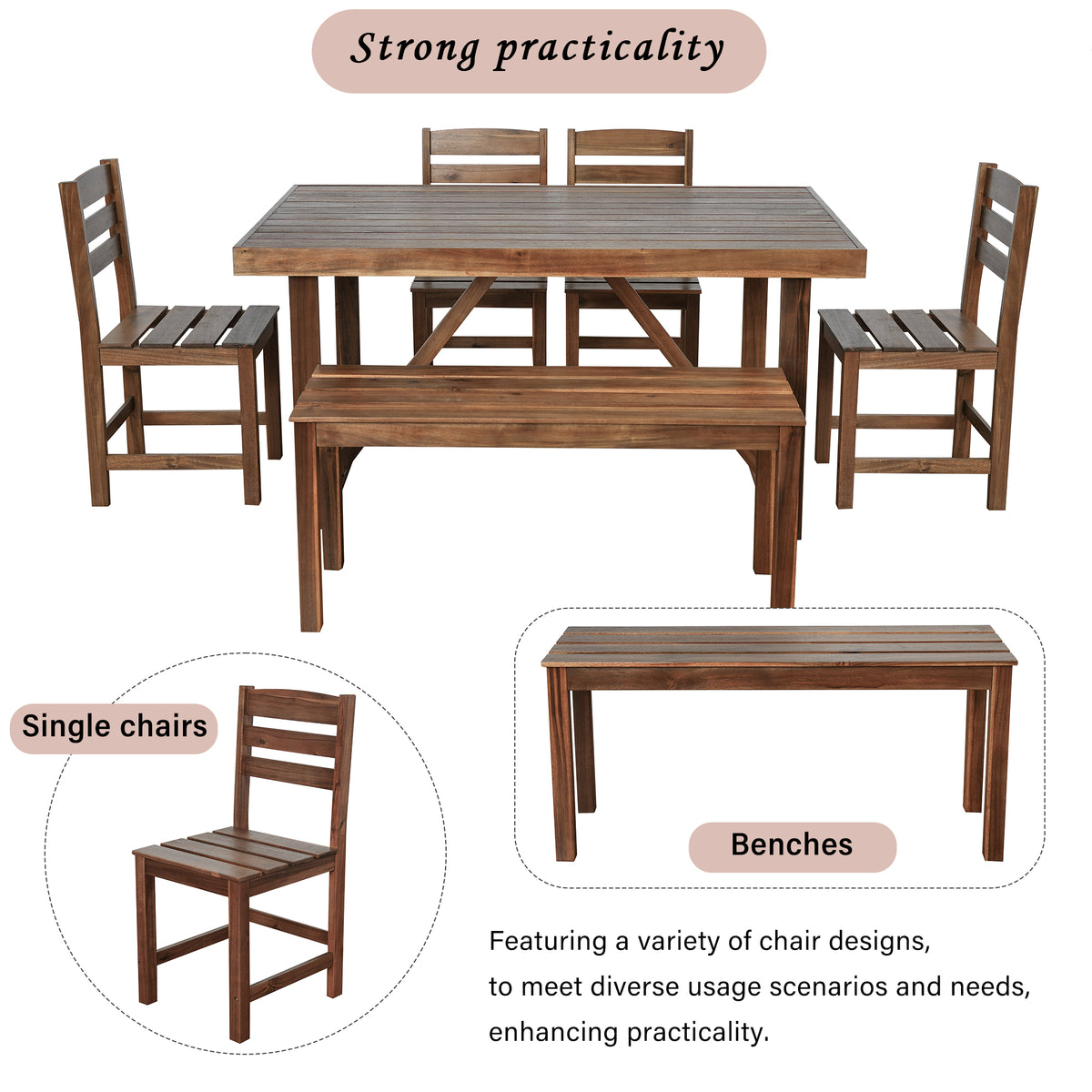 variant-group:rf-n711wy000472aae|Roomfitters 6-Piece Acacia Wood Outdoor Dining Set with Bench and 4 Chairs, Rectangular Table for Patio and Backyard, Brown