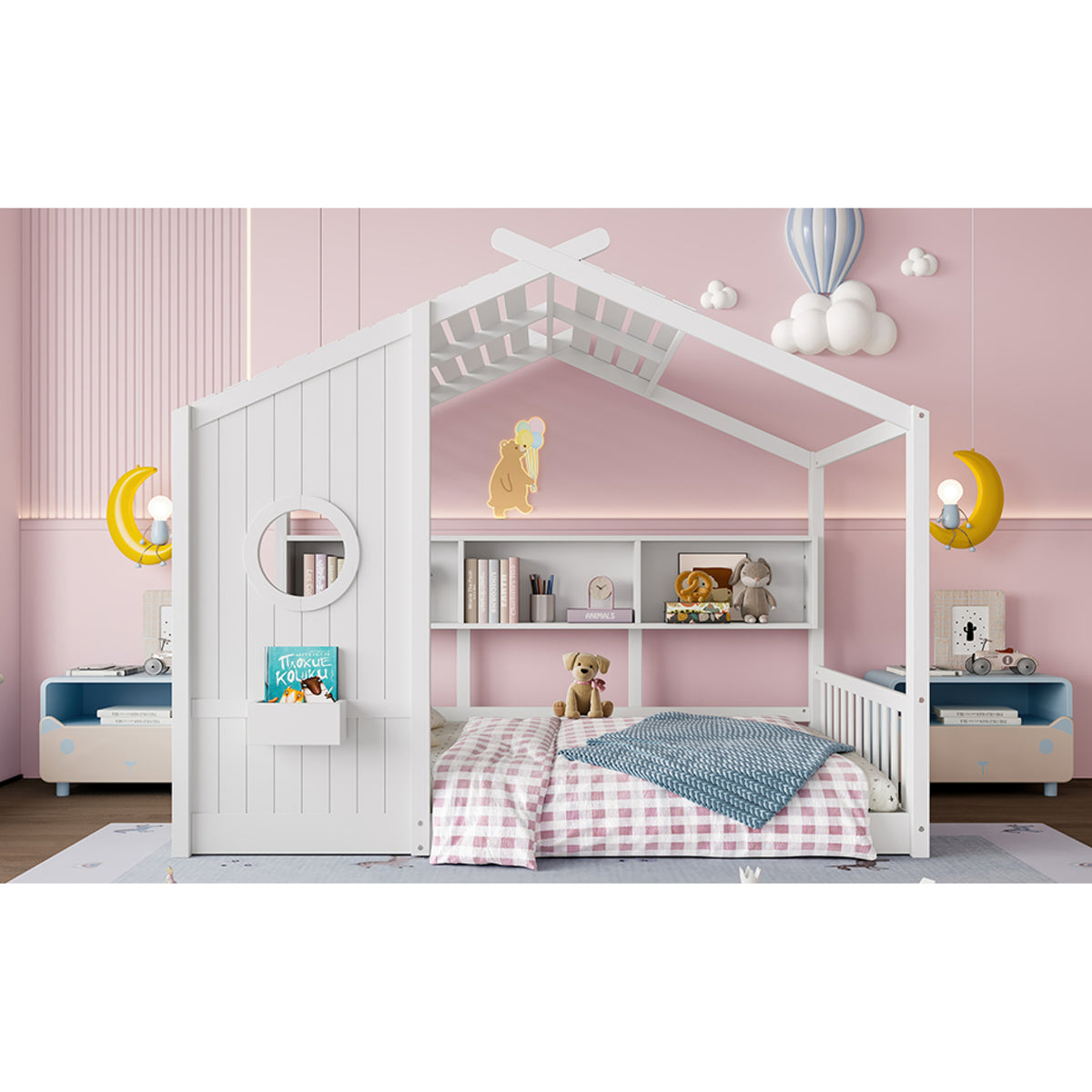 variant-group:rf-n733p335068k|Roomfitters Full Size Floor House Bed with Storage Shelf and Roof Design, Montessori Playhouse Bed, White