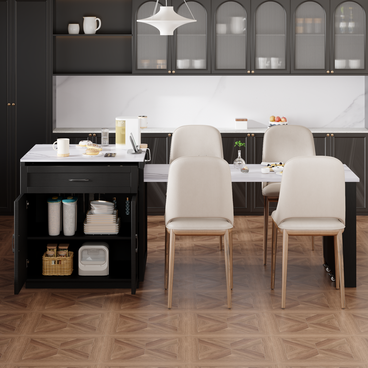 variant-group:rf-n707s000010b|Roomfitters 82.7" Kitchen Island with Extendable Table, Faux Marble Top, Double Storage, Power Outlet, Black