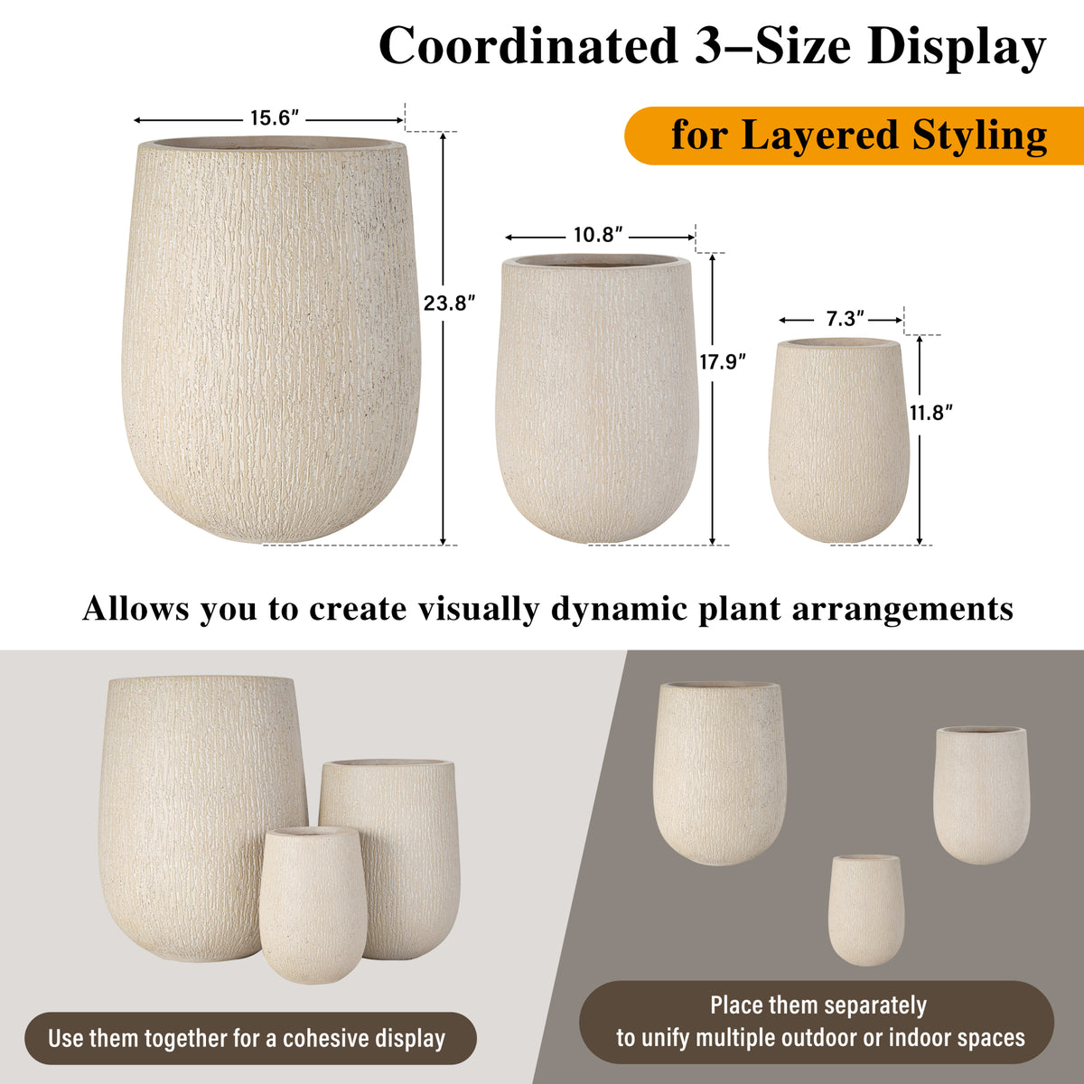 variant-group:rf-n711p406659a|Roomfitters Modern Egg-Shaped MGO Planter Set, 3-Piece Textured Faux Stone Flower Pots, Beige Patio Garden Urns